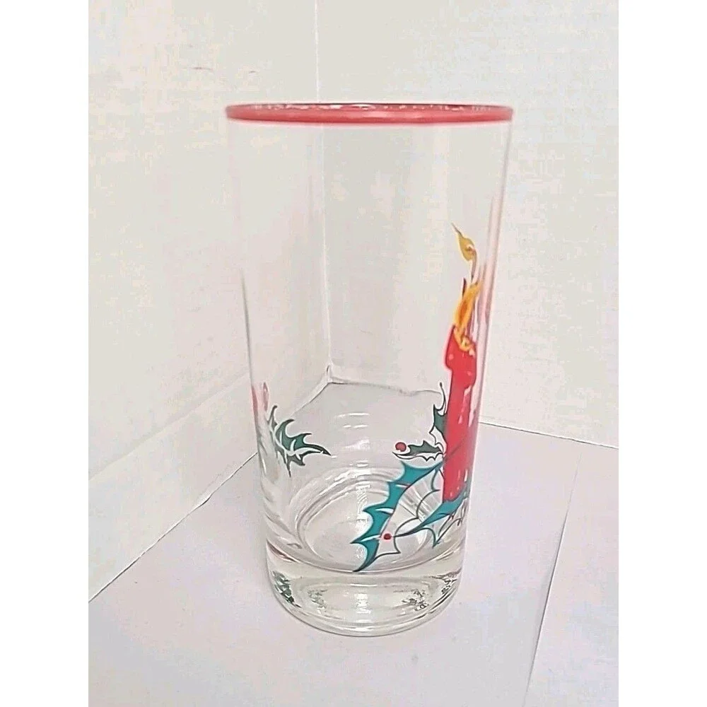 Vtg Christmas Federal Glass 6 Pc Tumblers Red Candles Holly Berry Red Green